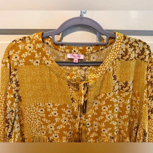 Pink Lily Boho Floral Patchwork Tassel Tie Babydoll Blouse Gold Yellow Medium - Picture 3 of 8